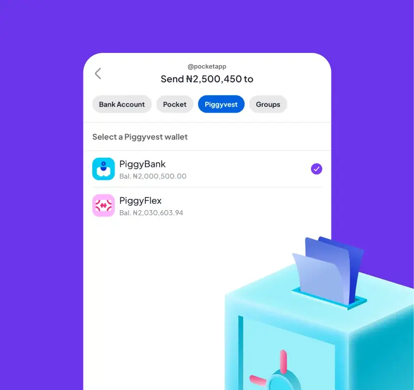 PocketApp send screen with PiggyBank and PiggyFlex wallets selected, beside a blue savings safe.
